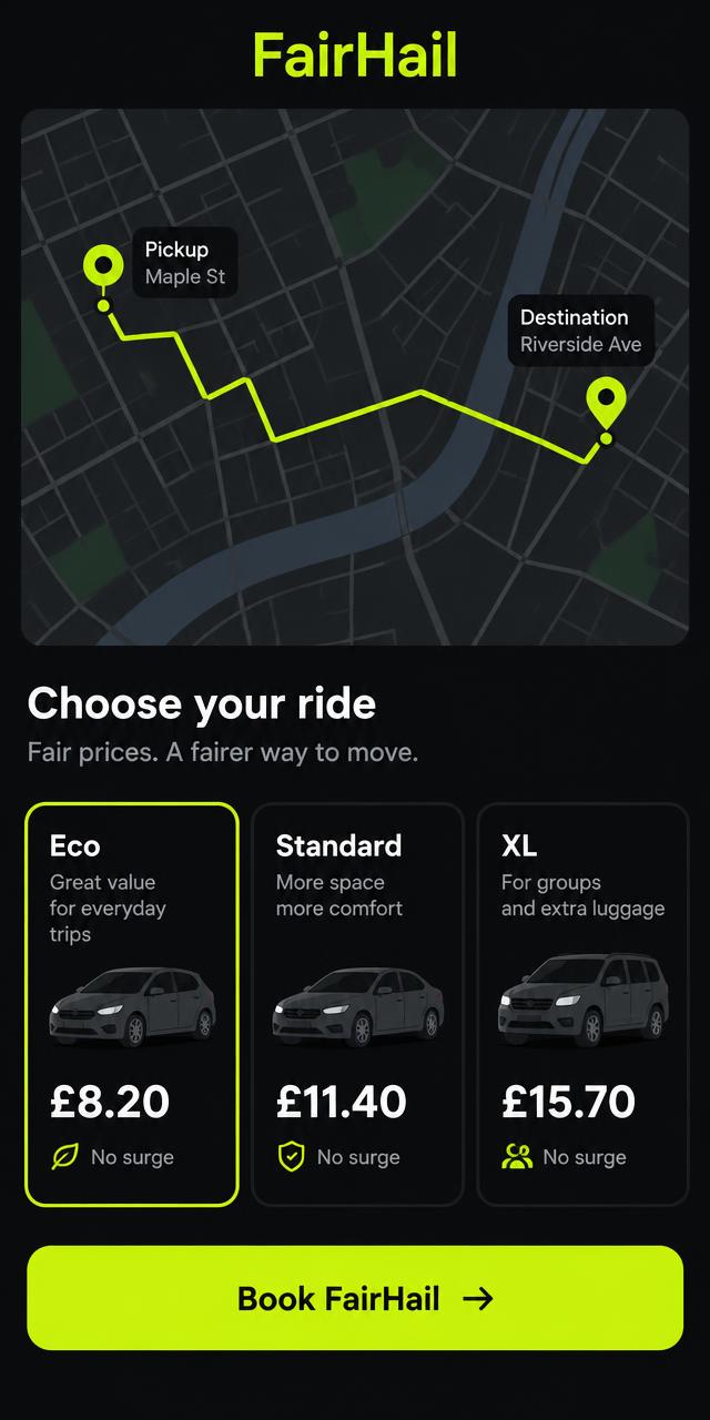FairHail booking screen showing a route and three ride prices